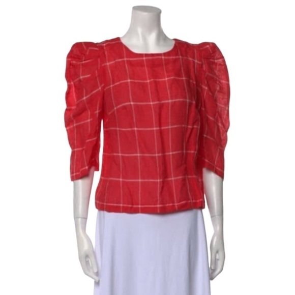 Mara Hoffman Linen Blend Top NWOT Windowpane Plaid in Red - Picture 1 of 9